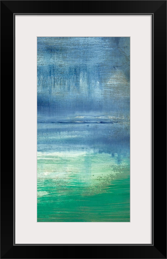 Vertical abstract painting of a turquoise bay with a hazy sky and pastel water, with the subtle reflection of the coast on...