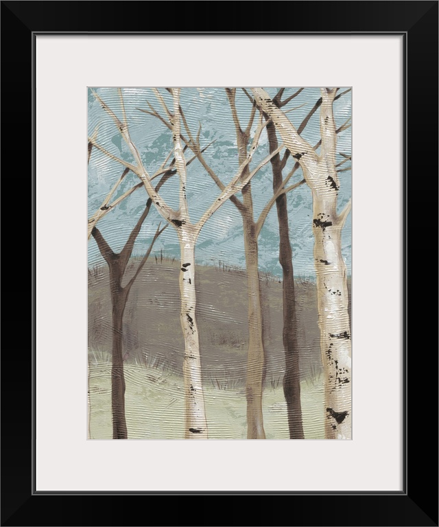 Contemporary painting of bare branched birch trees against a blue and brown background.