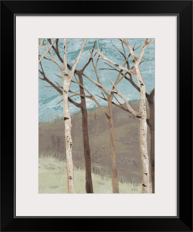 Contemporary painting of bare branched birch trees against a blue and brown background.