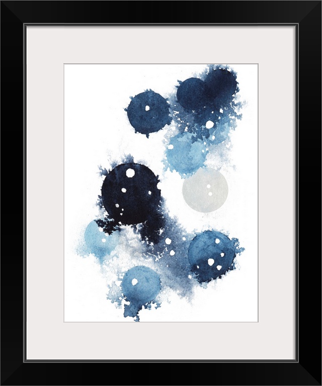 Contemporary abstract artwork of blue globular shapes with bleed stretching out into empty space.