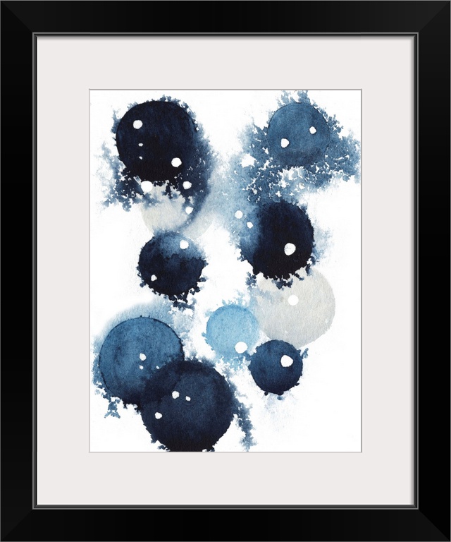 Contemporary abstract artwork of blue globular shapes with bleed stretching out into empty space.