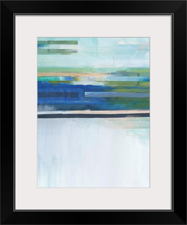 Abstract painting in blue, green, and nude hues with layered lines at the top.