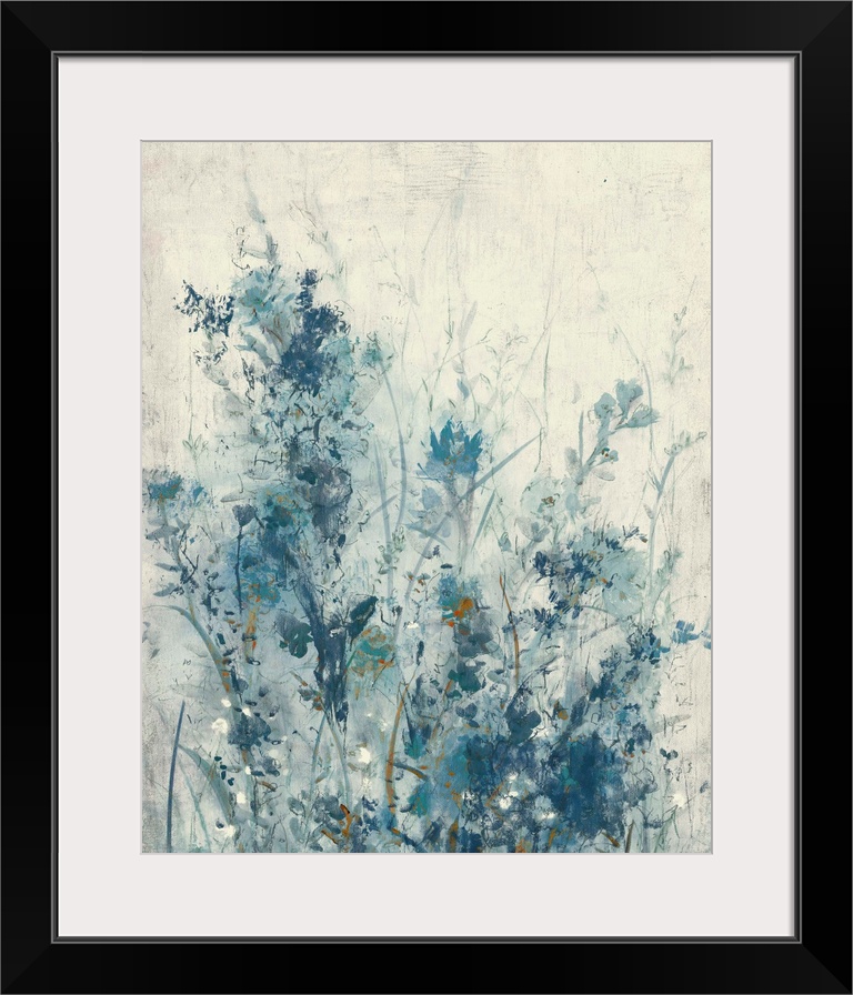 Vertical contemporary painting of a garden of spring flowers in different shades of blue.