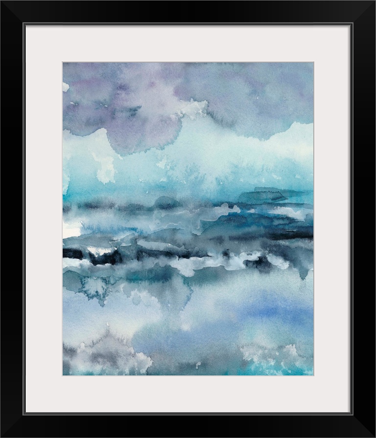 This vertical abstract watercolor painting contains shades of blue, purple and teal.