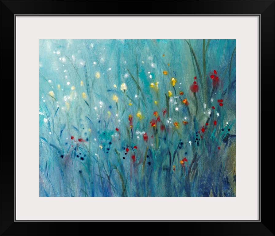 Contemporary painting of small, brightly colored wildflowers contrasted against dark grass.