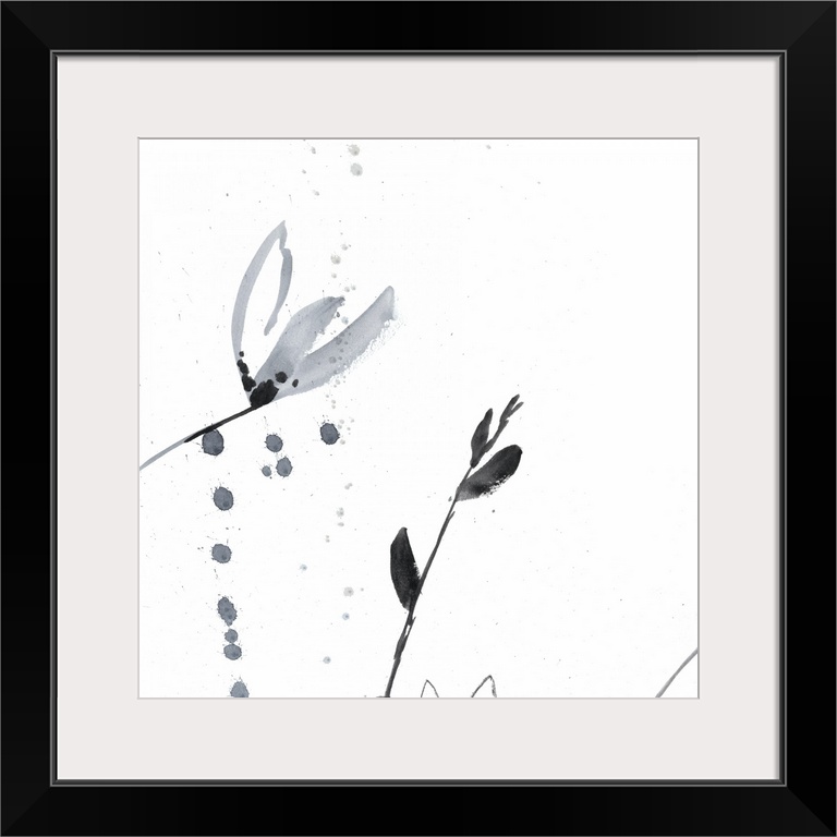 Square watercolor abstract of small gray flowers with overlapping spatters of paint on a white background.