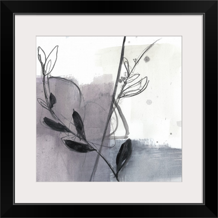Square watercolor abstract of flower stems along strokes of gray and beige with overlapping spatters of paint on a white b...