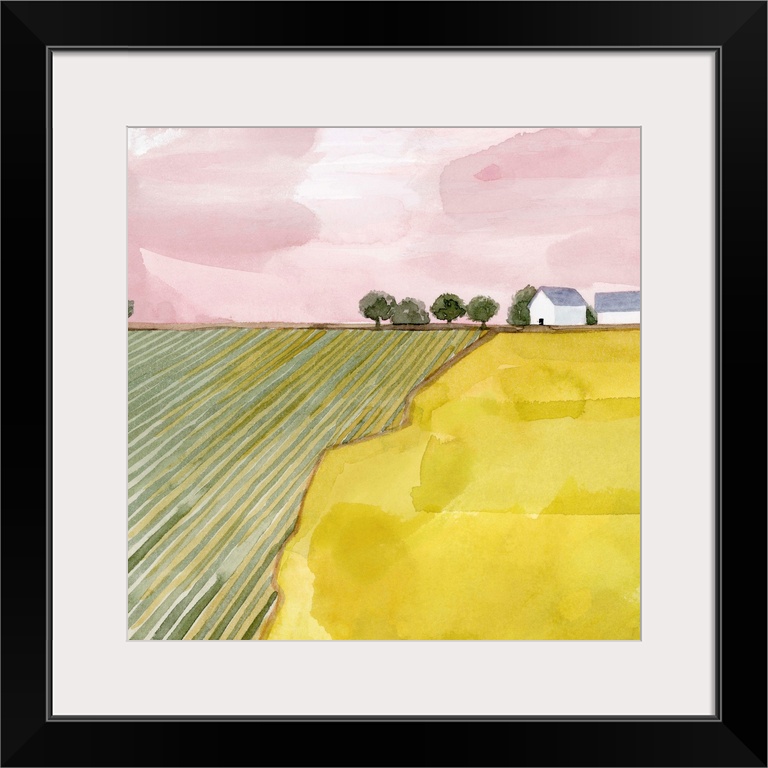 Pink and green contemporary watercolor landscape.