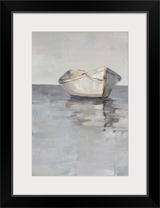 Contemporary painting of a boat sitting on the ocean in various gray tones.