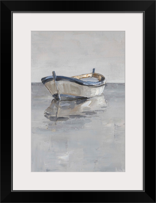 Contemporary painting of a boat sitting on the ocean in various gray tones.