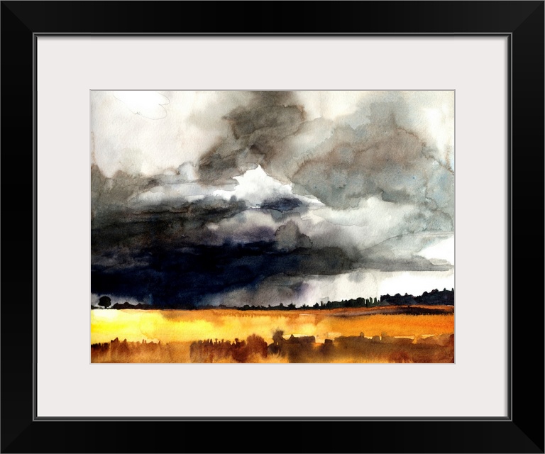 A bold contemporary watercolor painting of dark storm clouds over a landscape of golden fields. This painting is evocative...