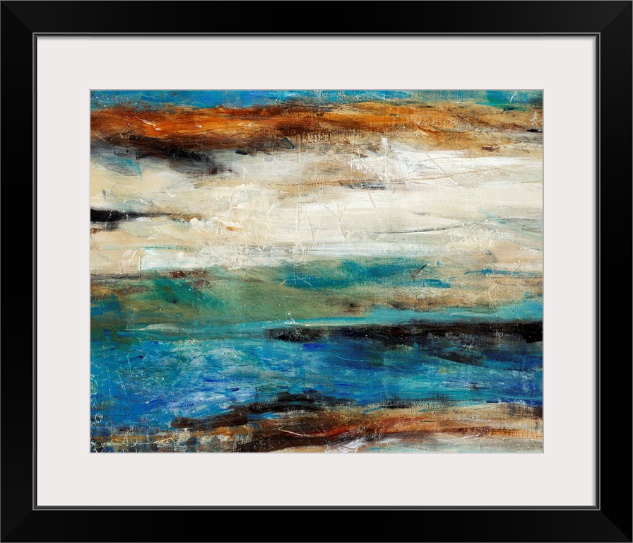 Contemporary abstract art using cool tones mixed with earth tones in a horizontal formation.
