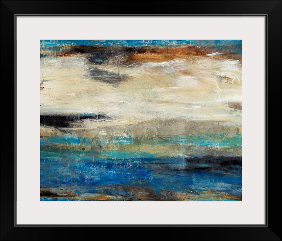 Contemporary abstract art using cool tones mixed with earth tones in a horizontal formation.