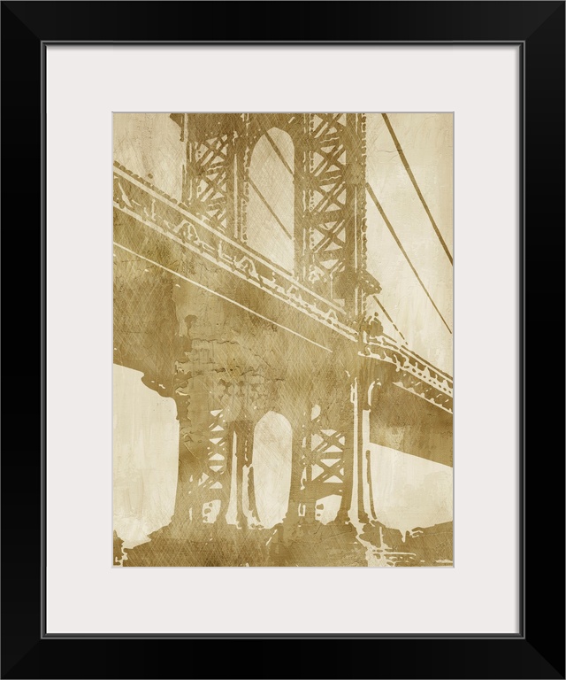 Vertical wall art for the home or office of a latticed iron work tower on a suspension bridge illustrated as a silhouette ...