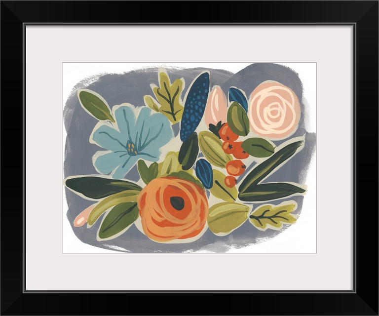 Decorative artwork featuring whimsical brush strokes to create a flower arrangement.
