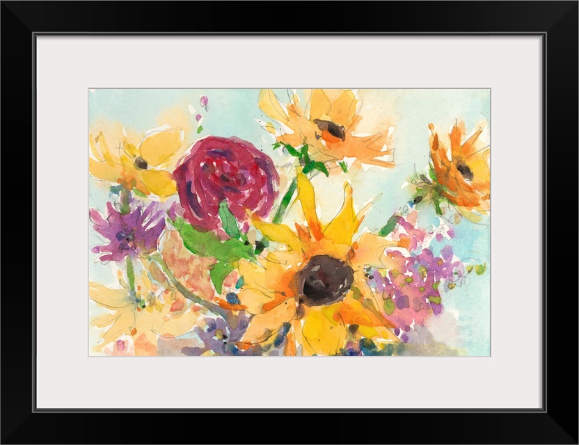 Horizontal painting of a bouquet of summer wild flowers.