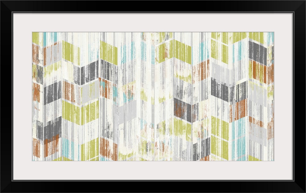 Contemporary abstract painting using a chevron pattern in soft colors, with a washed an weathered look.