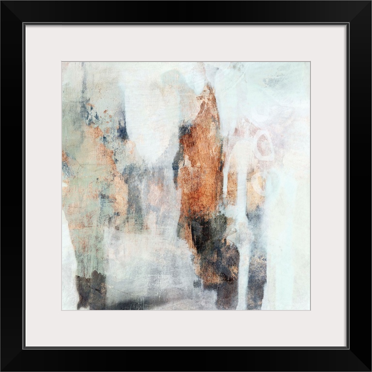 Contemporary abstract painting with white, mint, and copper brushstrokes.