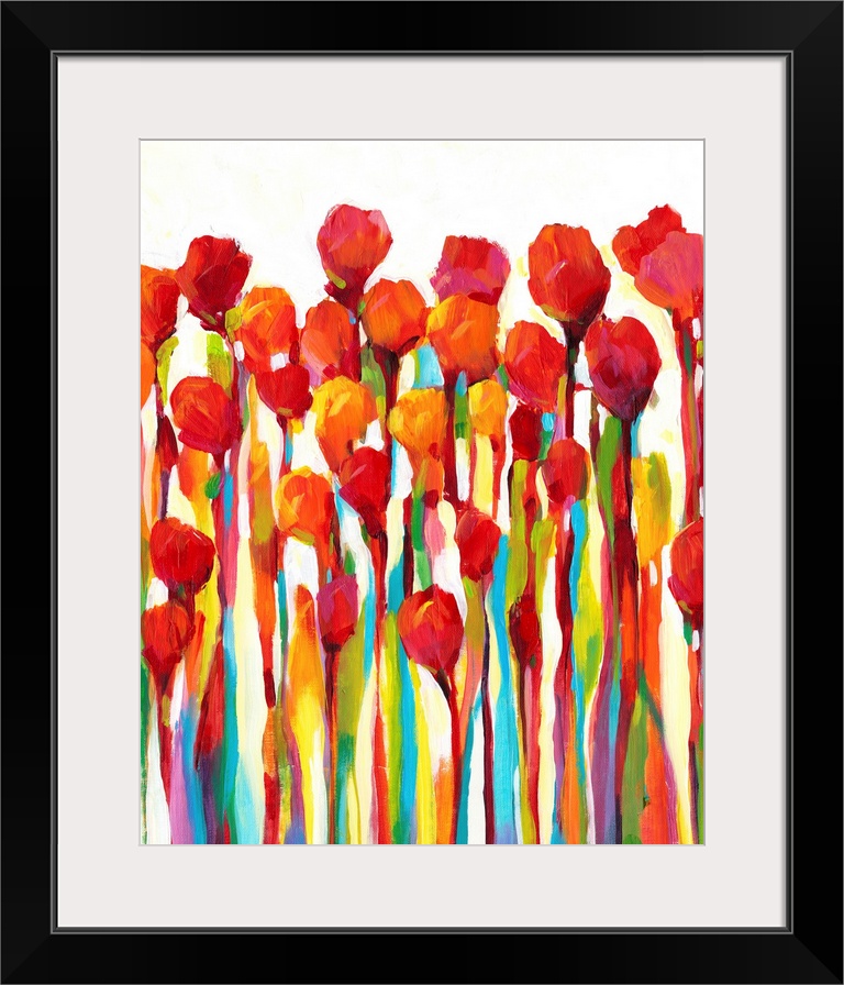 Bright contemporary painting of red flowers with rainbow stems.