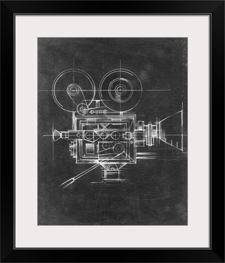 Contemporary home decor artwork of a chalkboard style technical drawings of cameras.