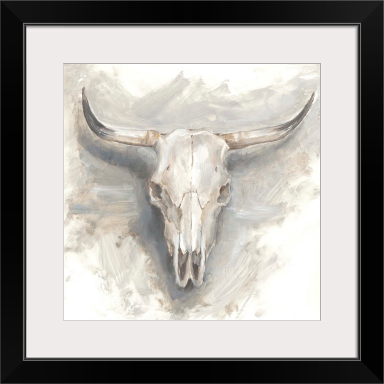 Contemporary painting of a mounted cattle skull in muted gray and beige hues.