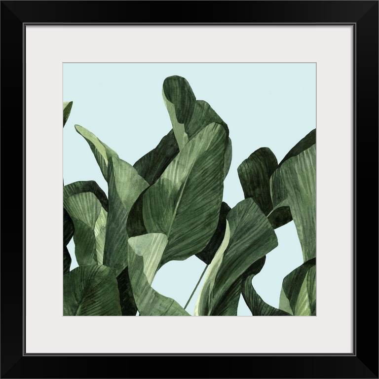 Square modern painting of large palm leaves over a light blue backdrop.