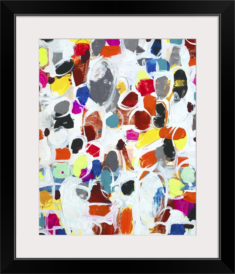 Contemporary abstract painting using wild colors and little organic shapes.