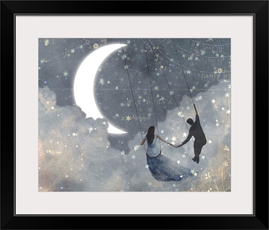 Whimsical design of a couple on swings, flying through the clouds on a starry night with a crescent moon.