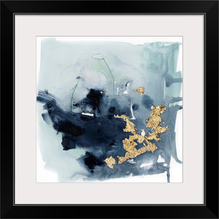 Watercolor painting of chaotic brush strokes of blue/gray tones with metallic gold leaf accents.