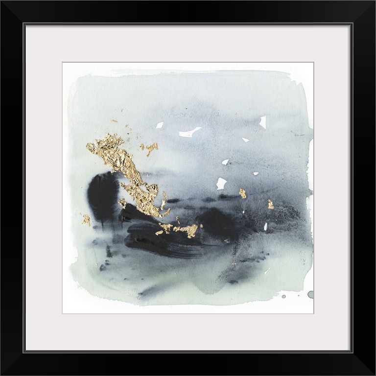 Watercolor painting of chaotic brush strokes of blue/gray tones with metallic gold leaf accents.