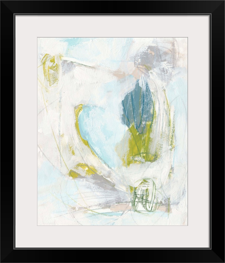 Contemporary abstract painting in green, blue, and white.