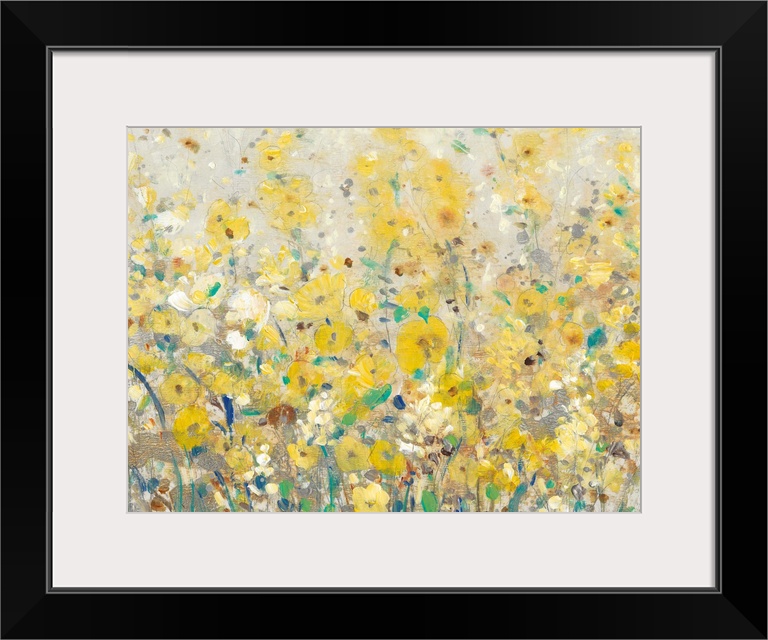 A contemporary painting displaying flowers and plants that are represented in mostly yellow tones.