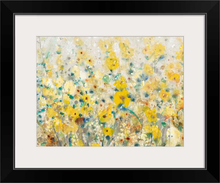 A contemporary painting displaying flowers and plants that are represented in mostly yellow tones.