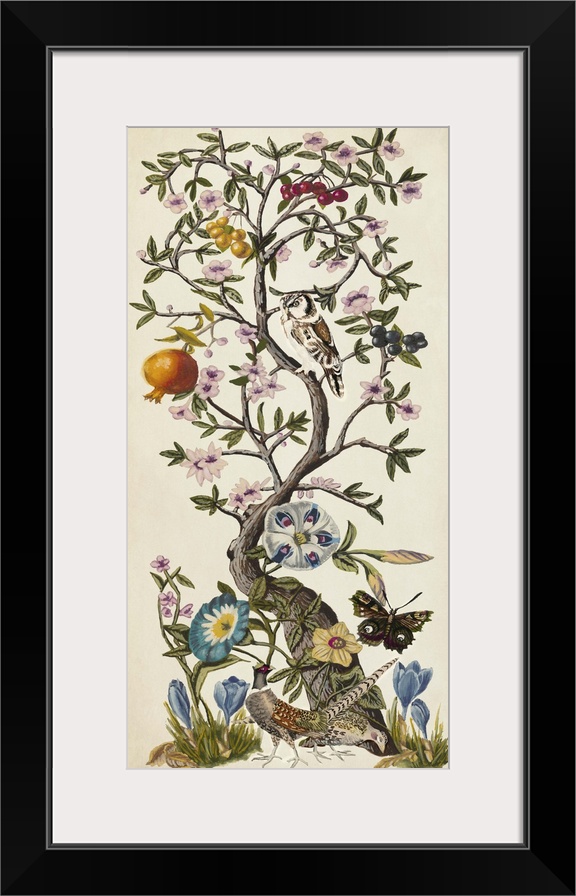 Vintage style artwork of a tree with flowering branches and butterflies.