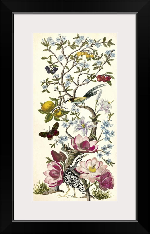 Vintage style artwork of a tree with flowering branches and butterflies.