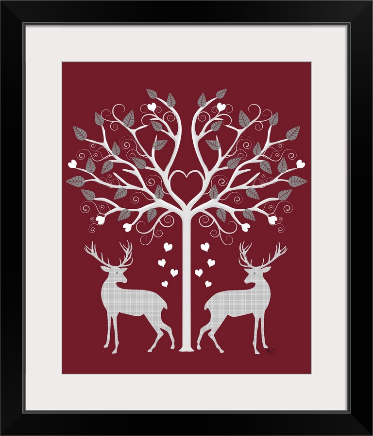 Whimsical Christmas decor with two plaid reindeer standing under a tree filled with leaves and heats, on a deep red backgr...