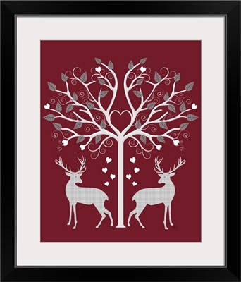 Christmas Des - Deer and Heart Tree, Grey on Red