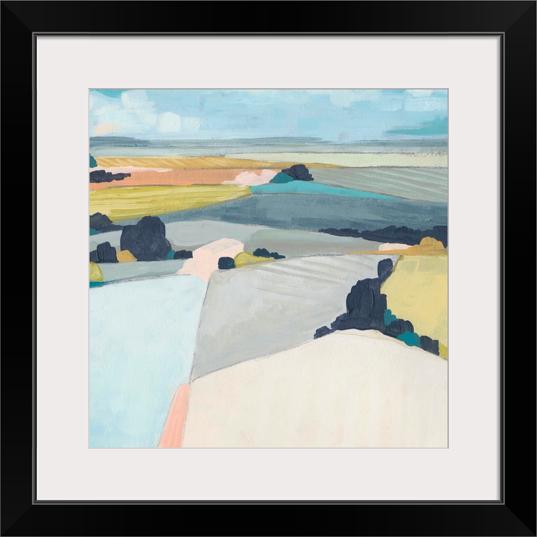 Contemporary abstract landscape in pastel hues.