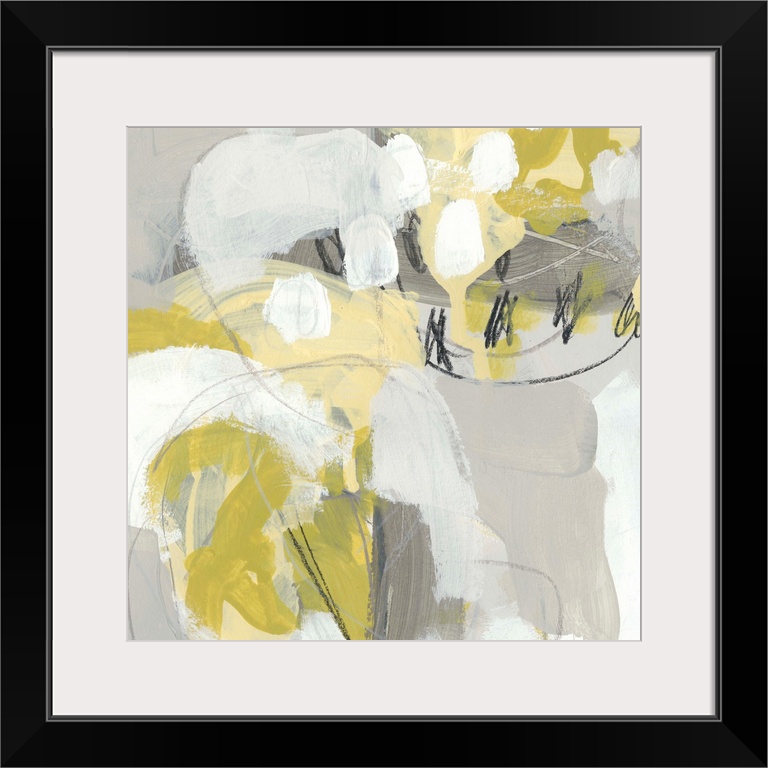 Square abstract painting in yellow, gray and white in overlapping circular shapes with fine scribble lines of gray and black.