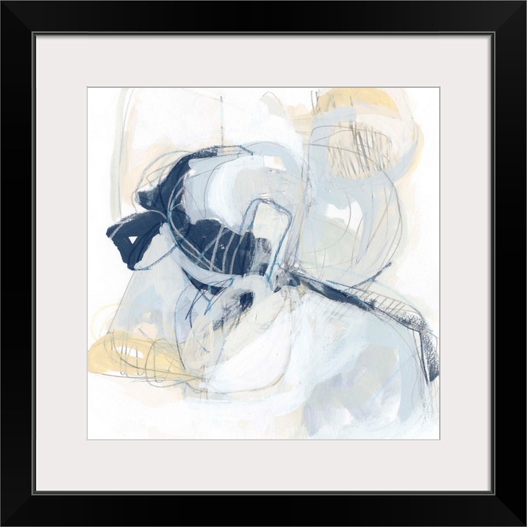 Square abstract painting in yellow, gray and white in overlapping circular shapes with fine scribble lines of gray and blue.