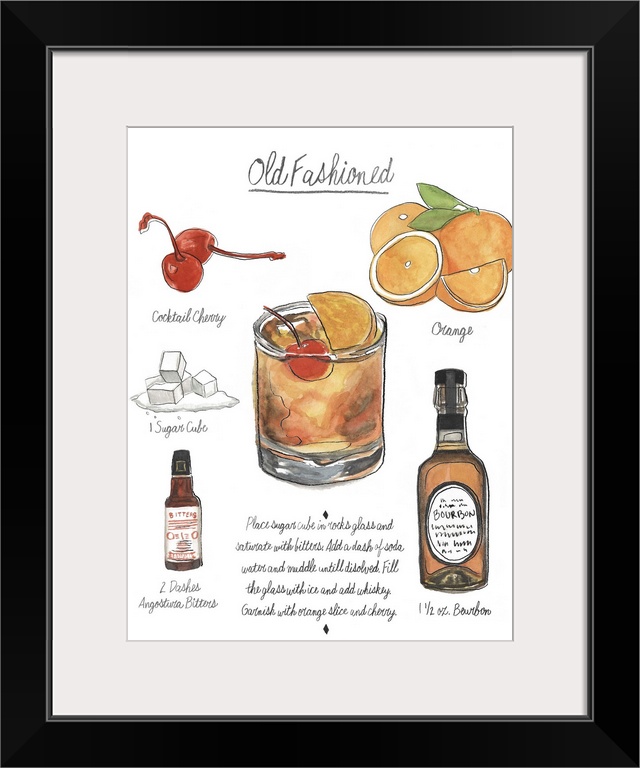 Contemporary artwork of a cocktail recipe showing illustrated ingredients against a white background.