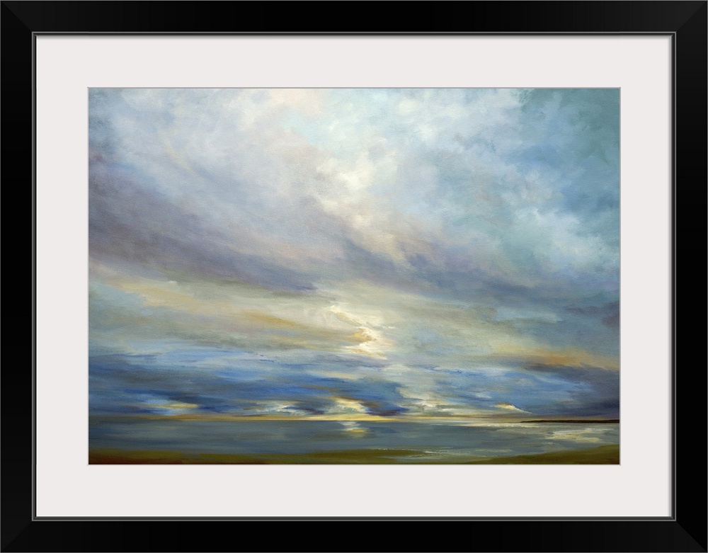 Contemporary seascape painting of sunlight shining though clouds over the ocean.