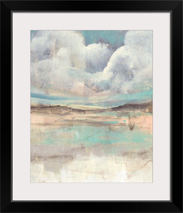 Contemporary abstract with clouds hovering over a multi-colored landscape.