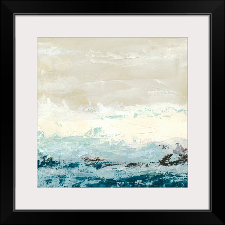 Square abstract painting of an ocean made up of large brush strokes.