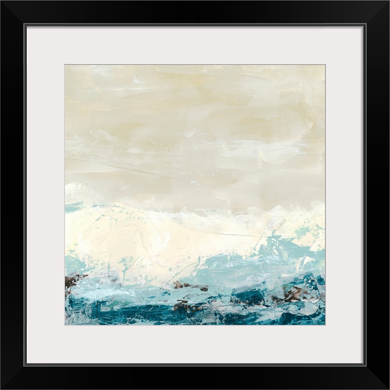 Square, large contemporary painting of sand colored background covered at the bottom by chaotic, ocean colored paint splat...