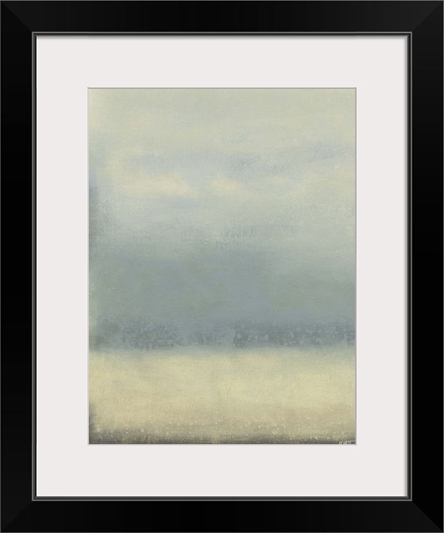 Contemporary abstract painting using pale blue and cream tones.