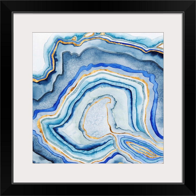 Abstract artwork in blue and gold layers resembling a cross section of an agate stone.