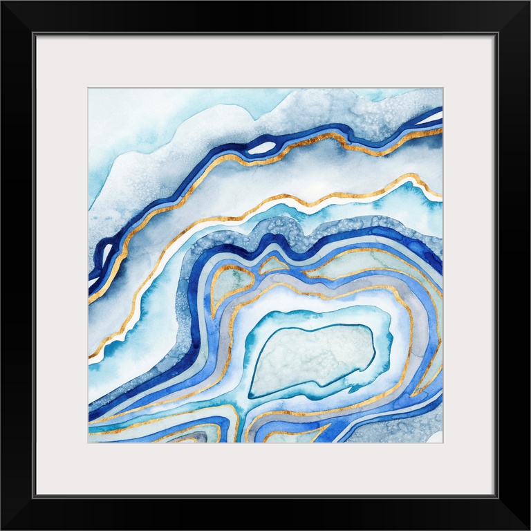 Abstract artwork in blue and gold layers resembling a cross section of an agate stone.