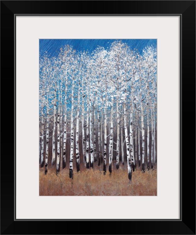 Contemporary painting of a forest of white birch trees under a blue sky.