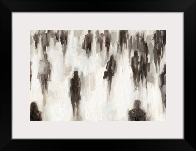Abstracted figurative painting of a crowd of people commuting to and from work.
